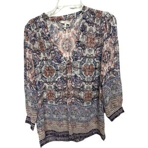 Joie Womens Silk Top Blouse SZ S Multicolor Printed Boho V Neck Ruched Shoulder